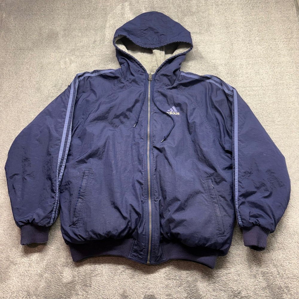VTG Y2K Adidas Reversible Hooded Jacket Mens M Gray Navy Baggy 3 Stripes